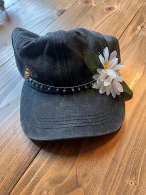 New Indiana Designer Washed Black Denim Baseball Cap with Daisy Flower and Turqu
